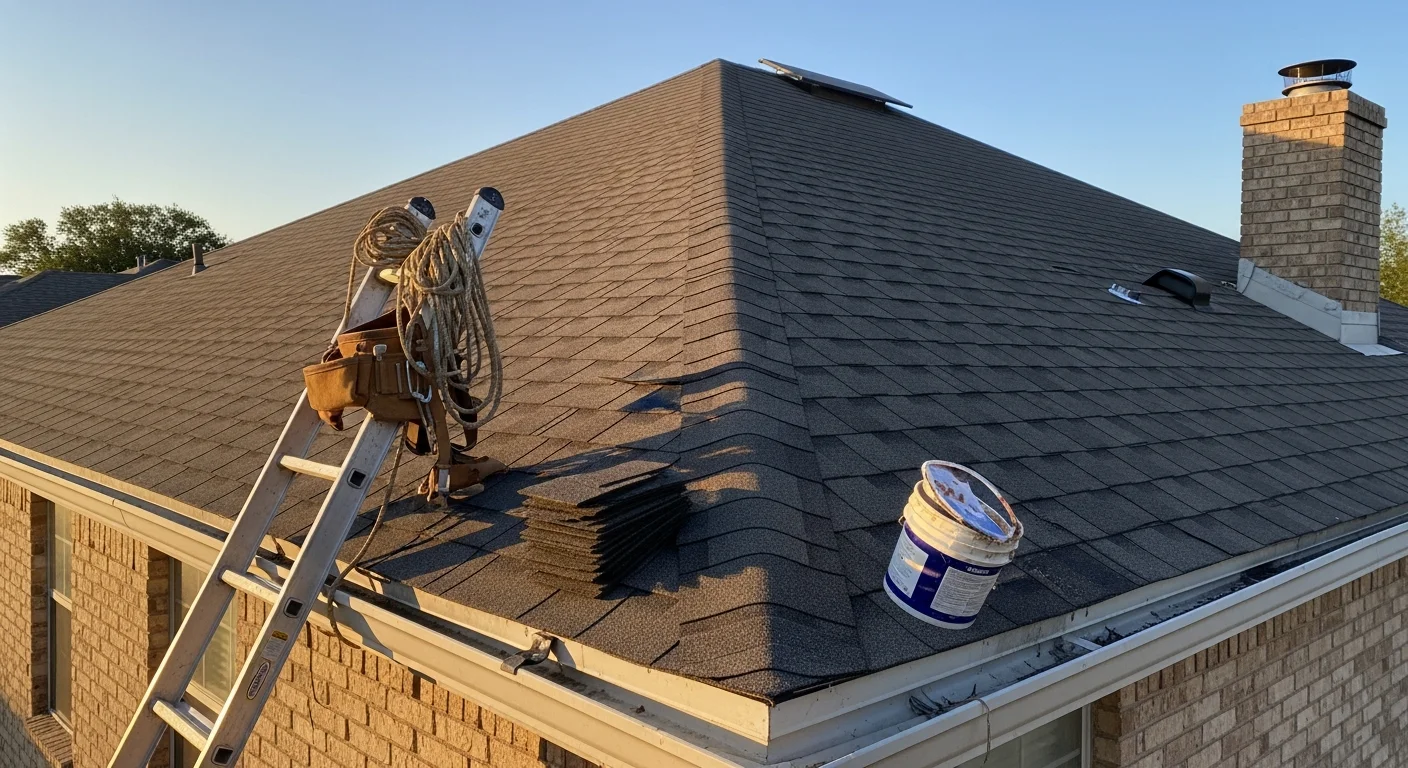 Roofer installing shingles on residential roof