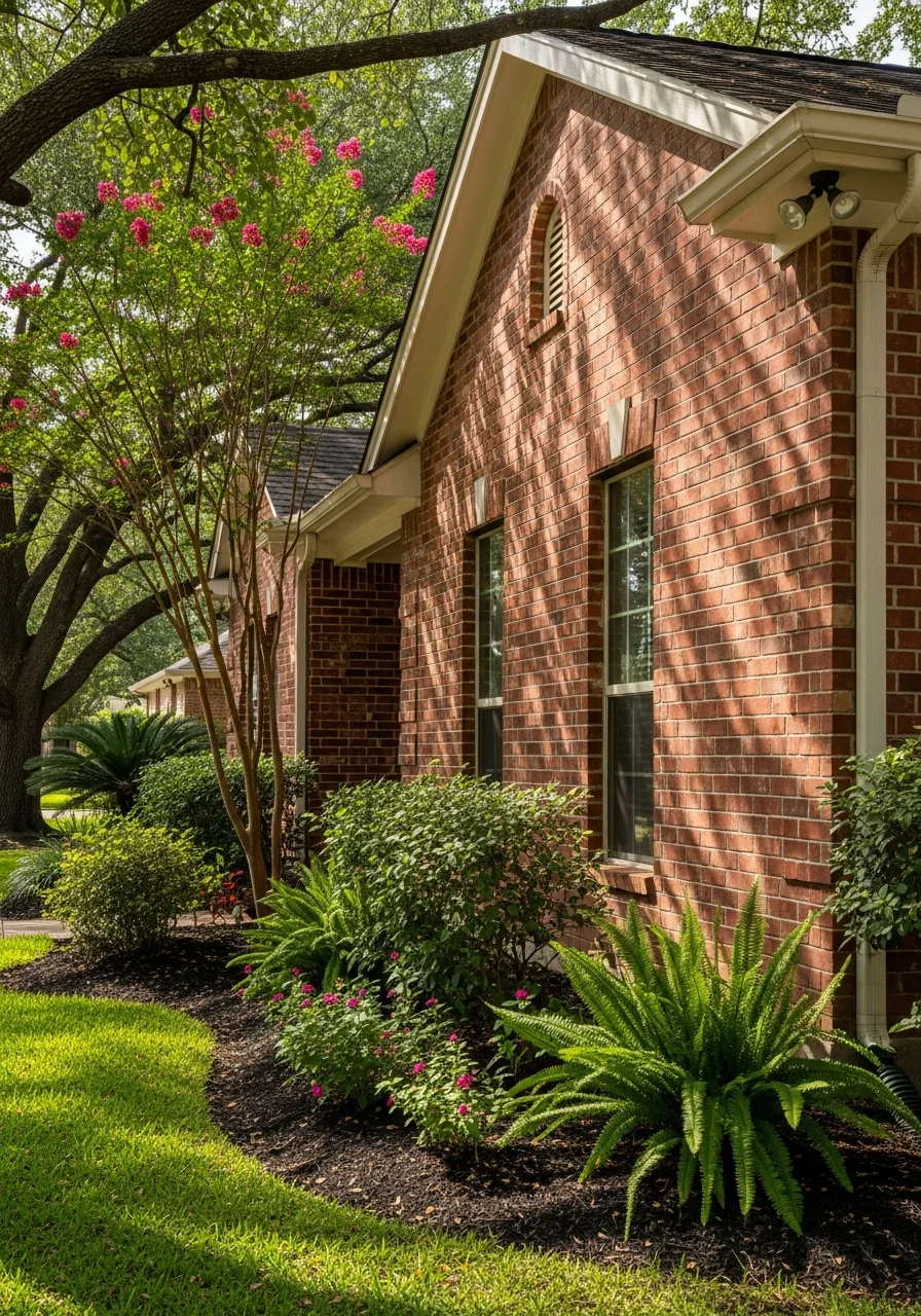 Close-up of typical Houston home exterior showing brick construction and mature landscaping common to the area.