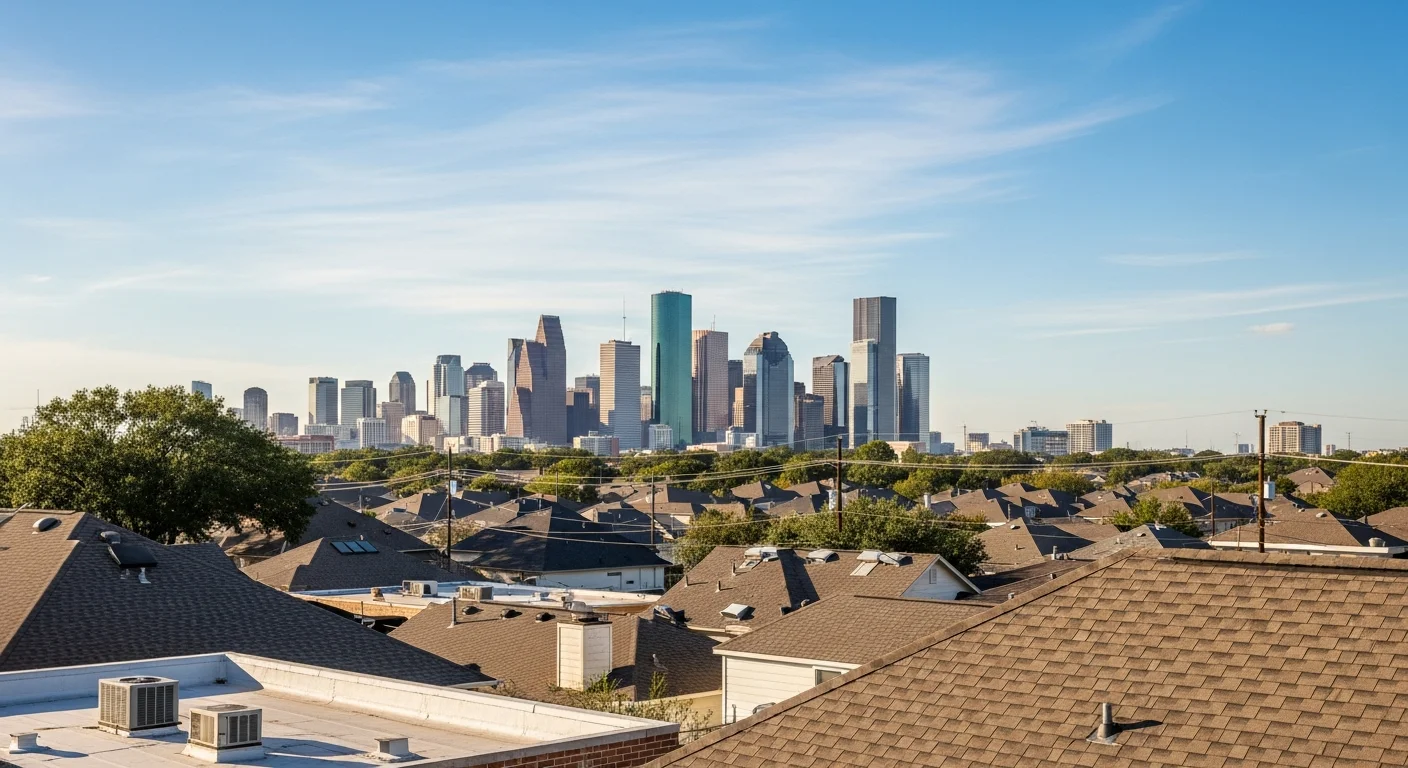 Wide view of Houston skyline with diverse residential neighborhoods in foreground under clear sky.