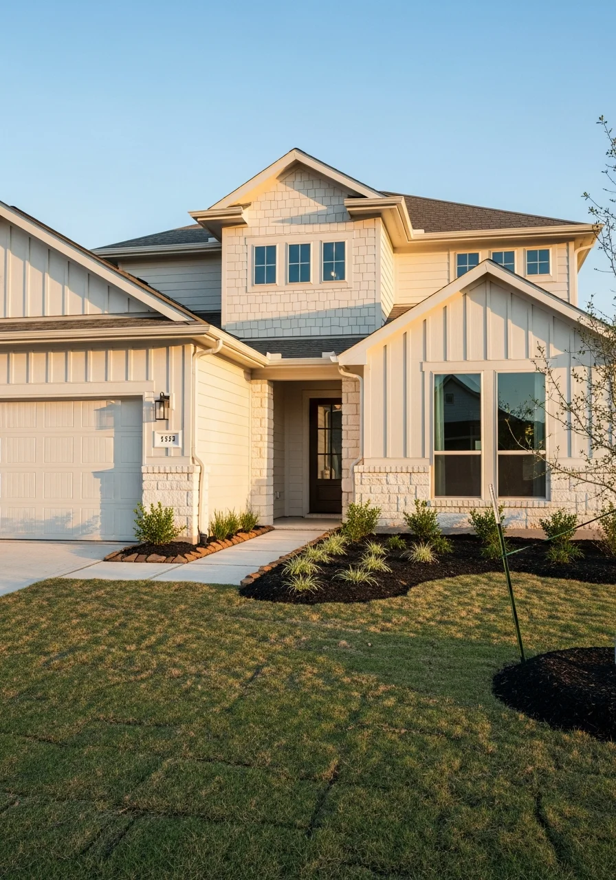 Close-up of Katy home exterior showing modern suburban architecture and well-maintained landscaping.