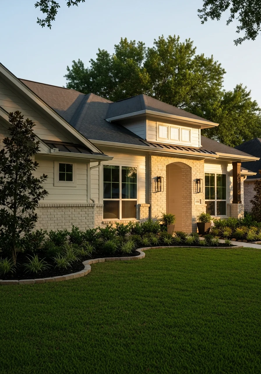 Close-up of Pearland home exterior showing contemporary suburban design and maintained yard.