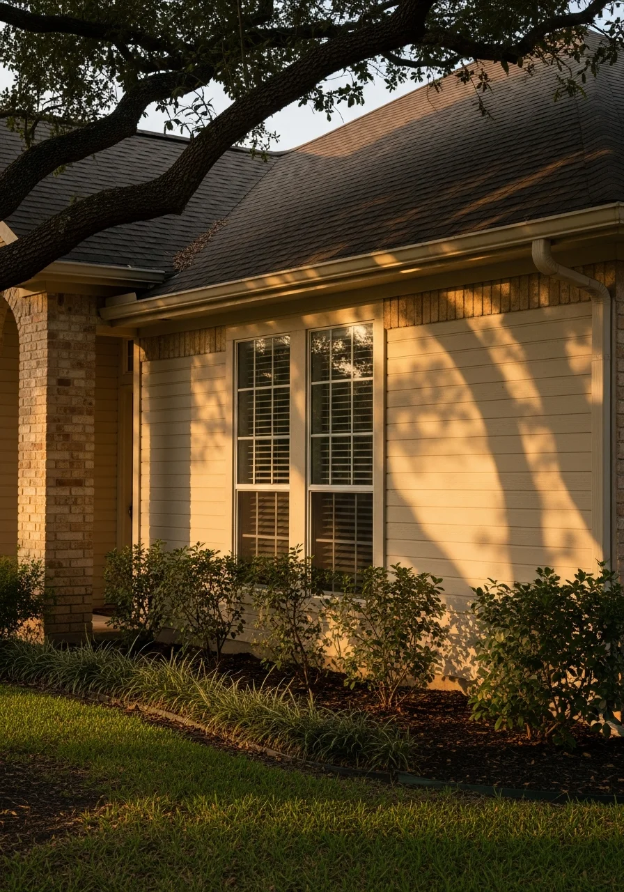 Close-up of Richmond home exterior showing typical Fort Bend County residential architecture and landscaping.