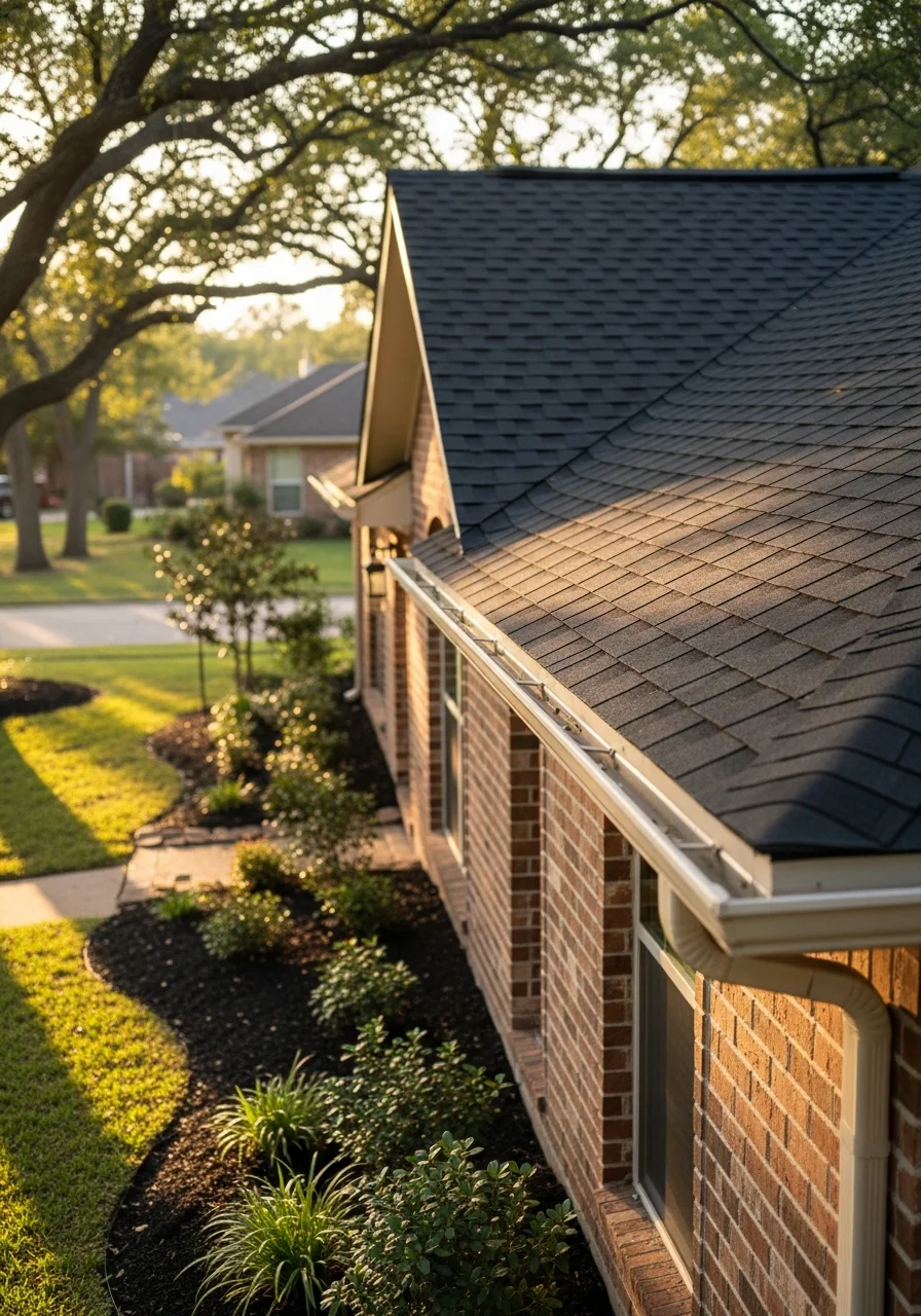 Close-up of Sugar Land home exterior showing quality construction and well-maintained landscaping.