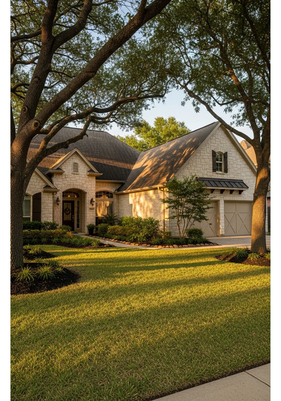 Close-up of Woodlands home exterior showing quality construction and landscaping typical of the community.