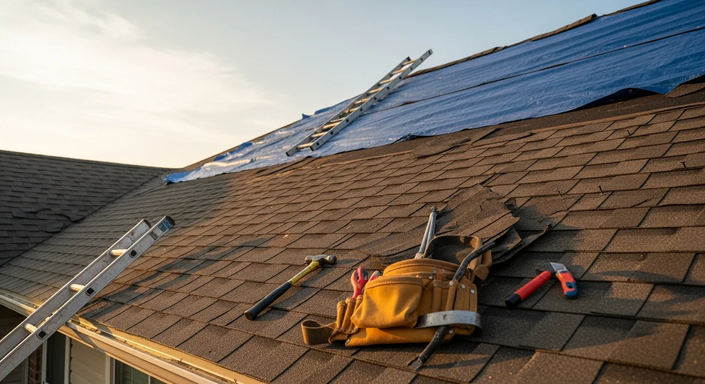 A Richmond residential roof with storm damage showing missing shingles and a temporary protective tarp secured over the exposed deck. A JAG Roofing and Restoration crew member inspects the damaged section from a ladder on a partly cloudy day.