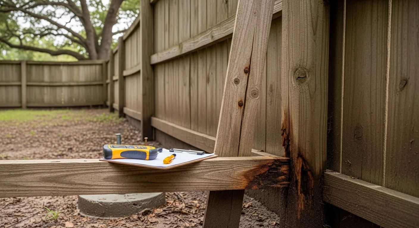 A fence contractor inspecting a wood privacy fence post at ground level in a Richmond residential backyard, checking for rot and footing stability. Close-up view shows the inspector pressing on the base of the post to test for soft spots near the soil line.