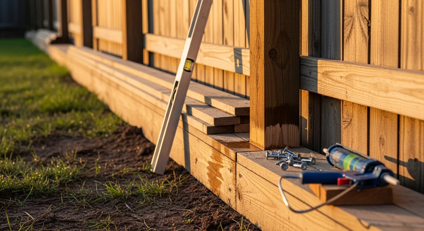 A wood privacy fence along a Richmond residential yard showing freshly sealed boards and a reset post after professional maintenance service. Close view of the lower fence rail and post base reveals clean, dry wood with no visible rot or warping.