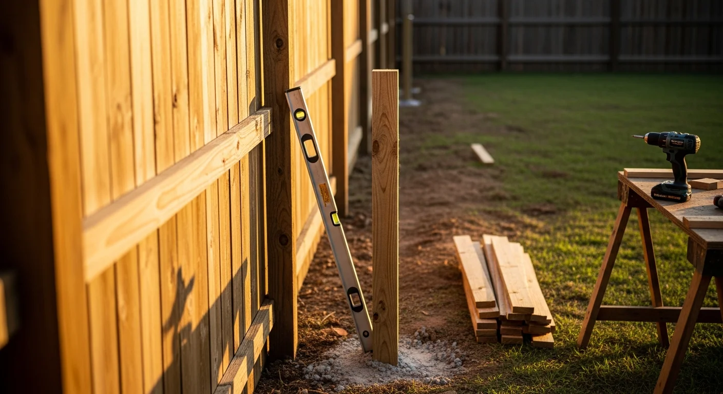 A repaired wood privacy fence with replaced posts and matching pickets in a Richmond residential backyard. Close view shows a freshly set post and aligned fence boards along a straight fence line.