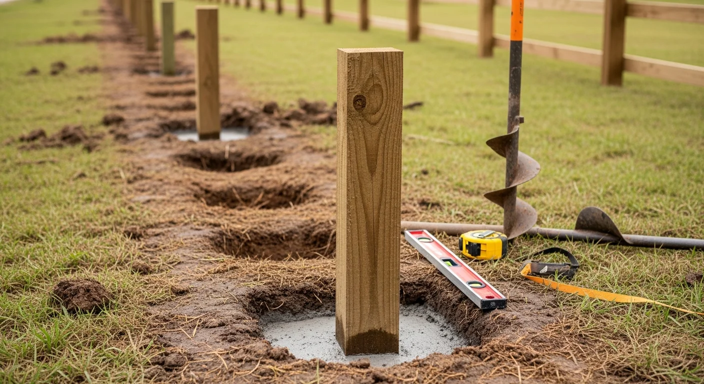 A newly installed wooden privacy fence along the rear property line of a Richmond residential home, with concrete post footings visible at ground level. The old fence panels have been removed and the yard line is clean and level.