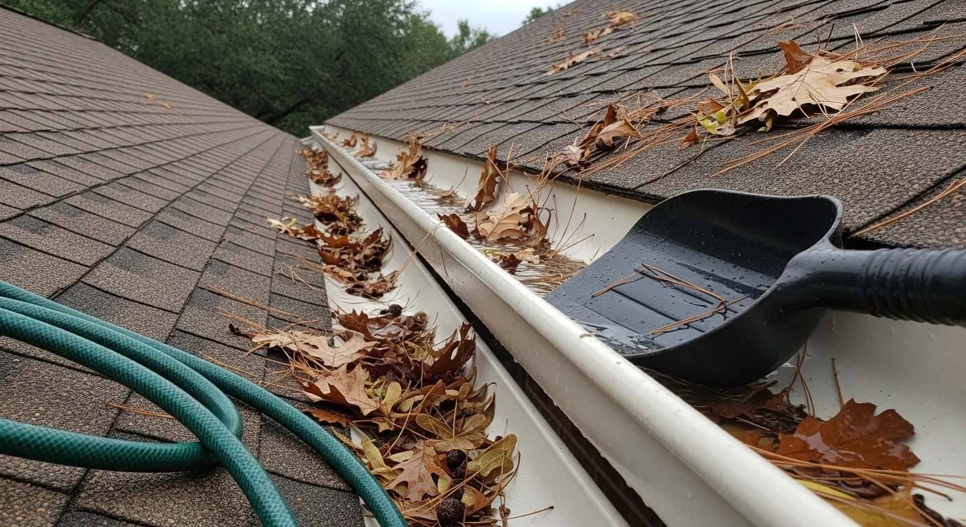 A JAG Roofing and Restoration technician removing packed leaf debris from a residential gutter on a Richmond home with mature oak trees overhead. The downspout below runs clear after flushing, with cleaned gutter channels visible along the roofline.