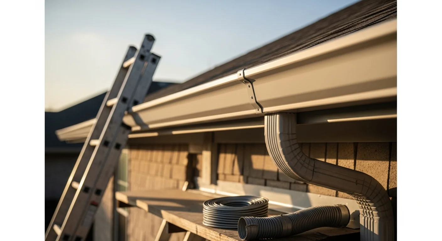 A JAG Roofing and Restoration crew member securing a new seamless gutter run to the fascia of a residential home in Richmond, Virginia. The installed gutter system runs the full roofline length with downspouts positioned to direct water away from the foundation.