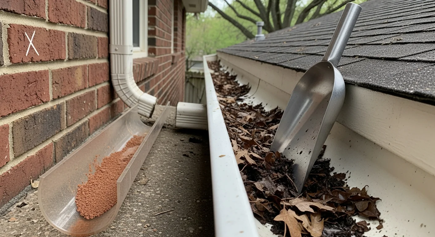 A JAG Roofing and Restoration technician clearing leaf and debris buildup from a residential gutter on a Richmond home. Clean downspout visible with water flowing freely away from the foundation.