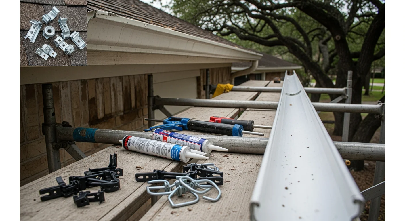 A JAG Roofing and Restoration technician resealing a leaking gutter joint on a residential home in Richmond, Virginia. The repaired section shows clean sealant along the seam with the fascia board and roofline visible in the background.