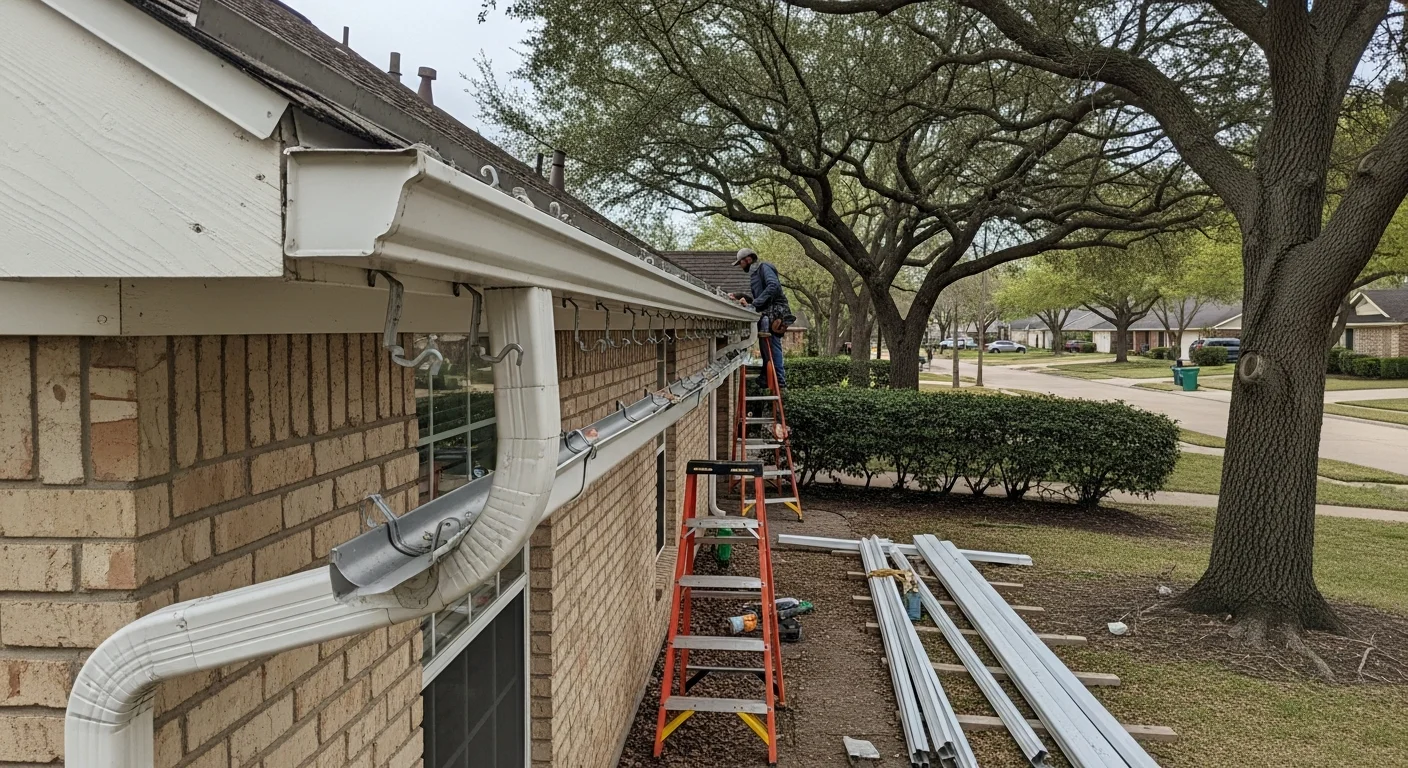 A Richmond home with newly installed gutters running along the roofline, with downspouts positioned to direct water away from the foundation. The fascia boards are clean and flush against the new gutter mounts, showing a completed professional replacement on a residential property.