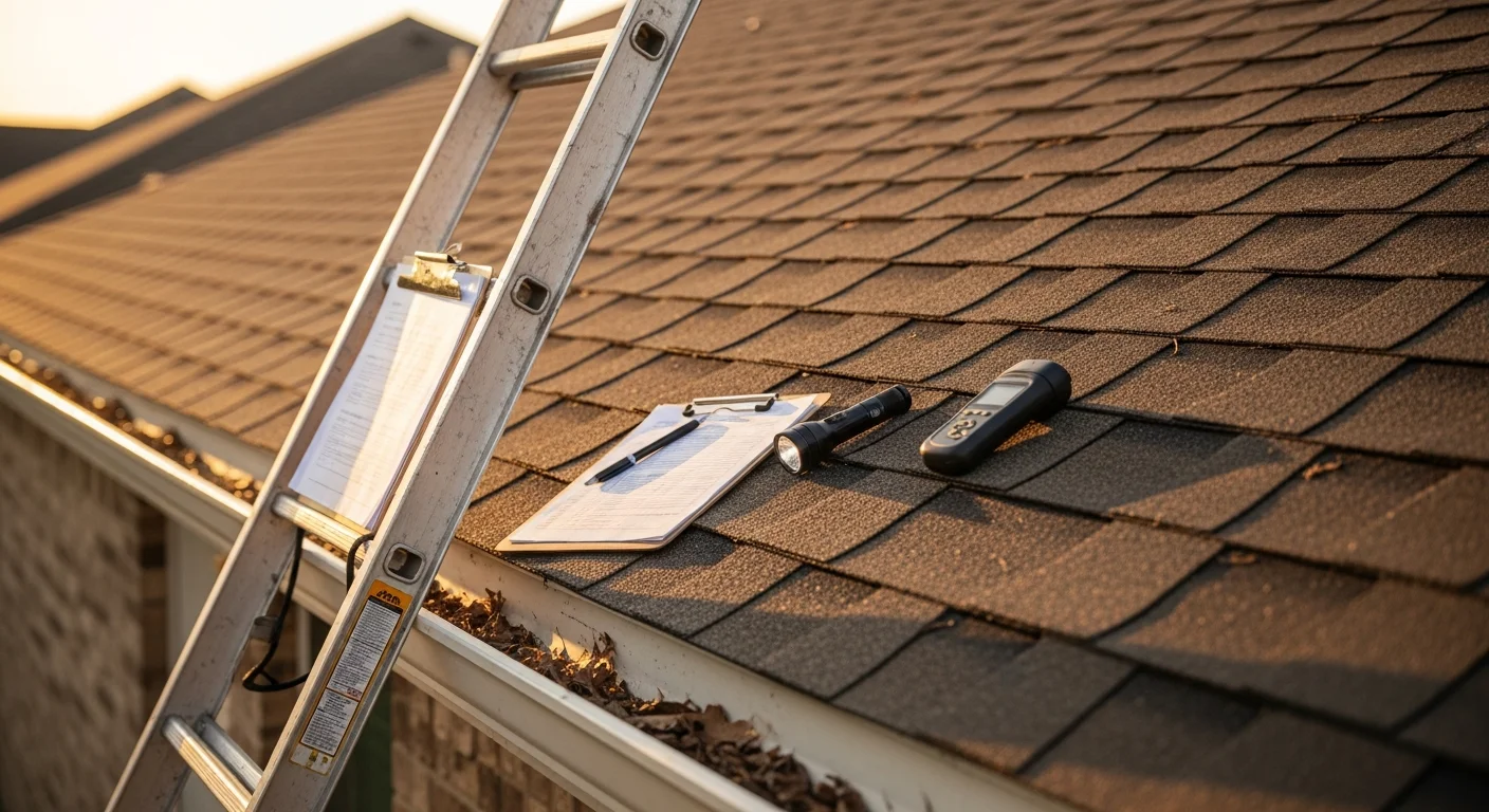 A JAG Roofing and Restoration contractor inspecting shingles and flashing on a residential roof in Richmond, Virginia. The inspector examines the ridge line and gutter attachment on a steep-pitch home with mature trees visible in the background.