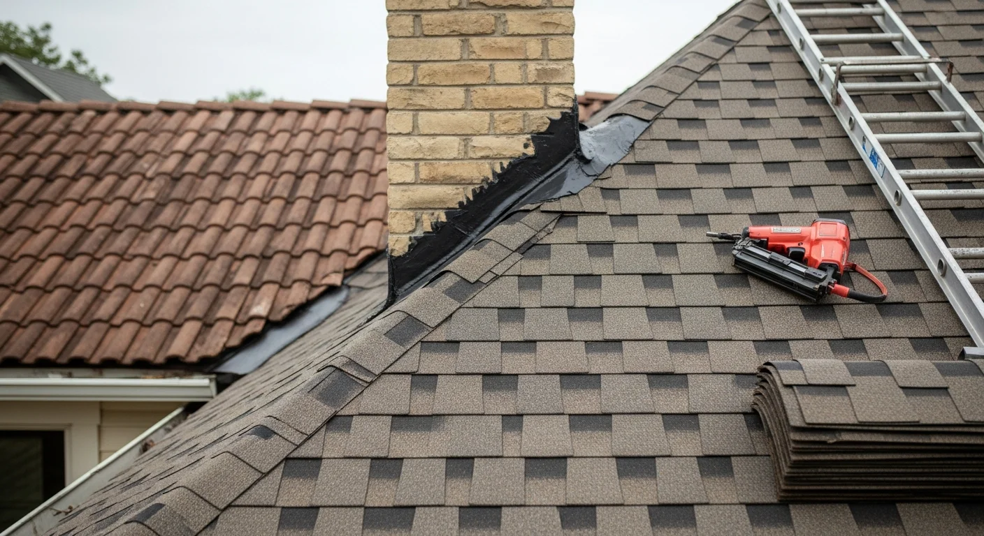A Houston roofing contractor from JAG Roofing and Restoration replacing damaged shingles on a residential roof after storm damage.