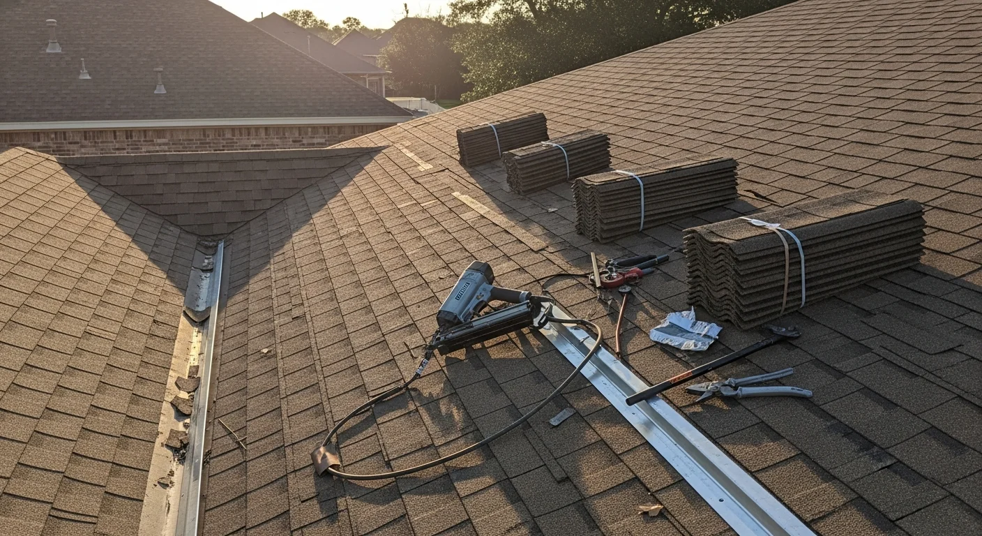 A completed residential roof replacement on a Houston, Texas home, showing new shingles installed over a repaired deck with clean ridge lines and finished flashing details.