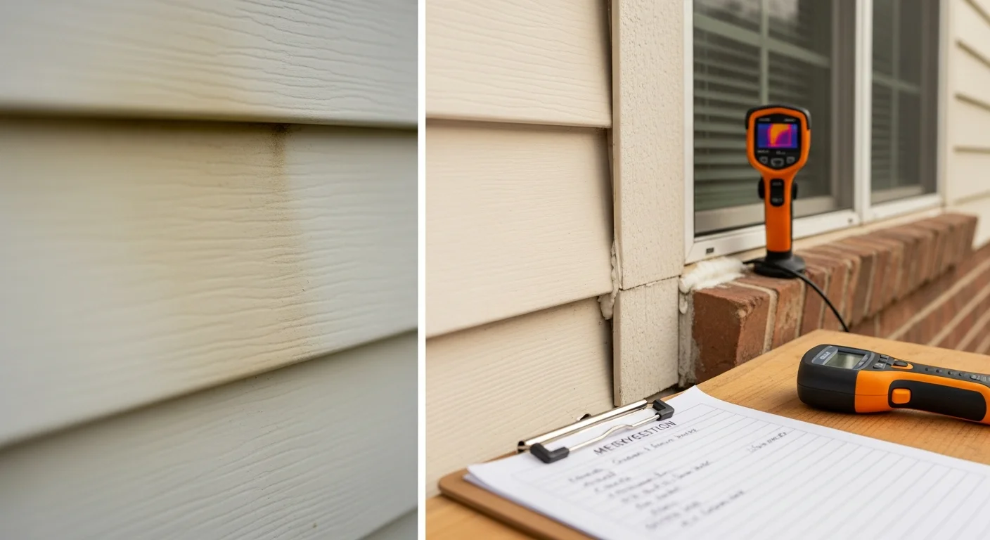 A JAG Roofing and Restoration contractor inspecting the exterior siding panels and trim of a residential home in Richmond. The inspector examines a roof-to-wall flashing junction and checks for cracks, gaps, and signs of moisture damage along the siding seams.