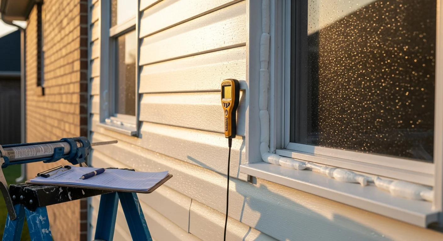 A JAG Roofing and Restoration crew member inspecting the exterior siding panels of a Richmond home, checking caulking and panel seams for weather-related wear. Close-up view of siding along the side elevation showing maintenance work in progress on a residential property.