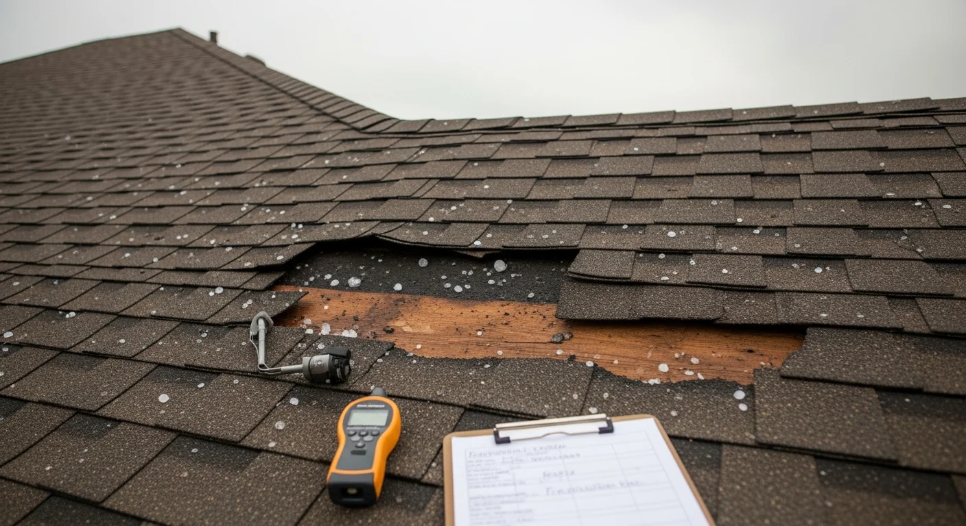 A Richmond residential roof showing storm damage with missing shingles and exposed decking after a severe wind and hail event. A JAG Roofing and Restoration crew member inspects the damaged area from the roof surface.